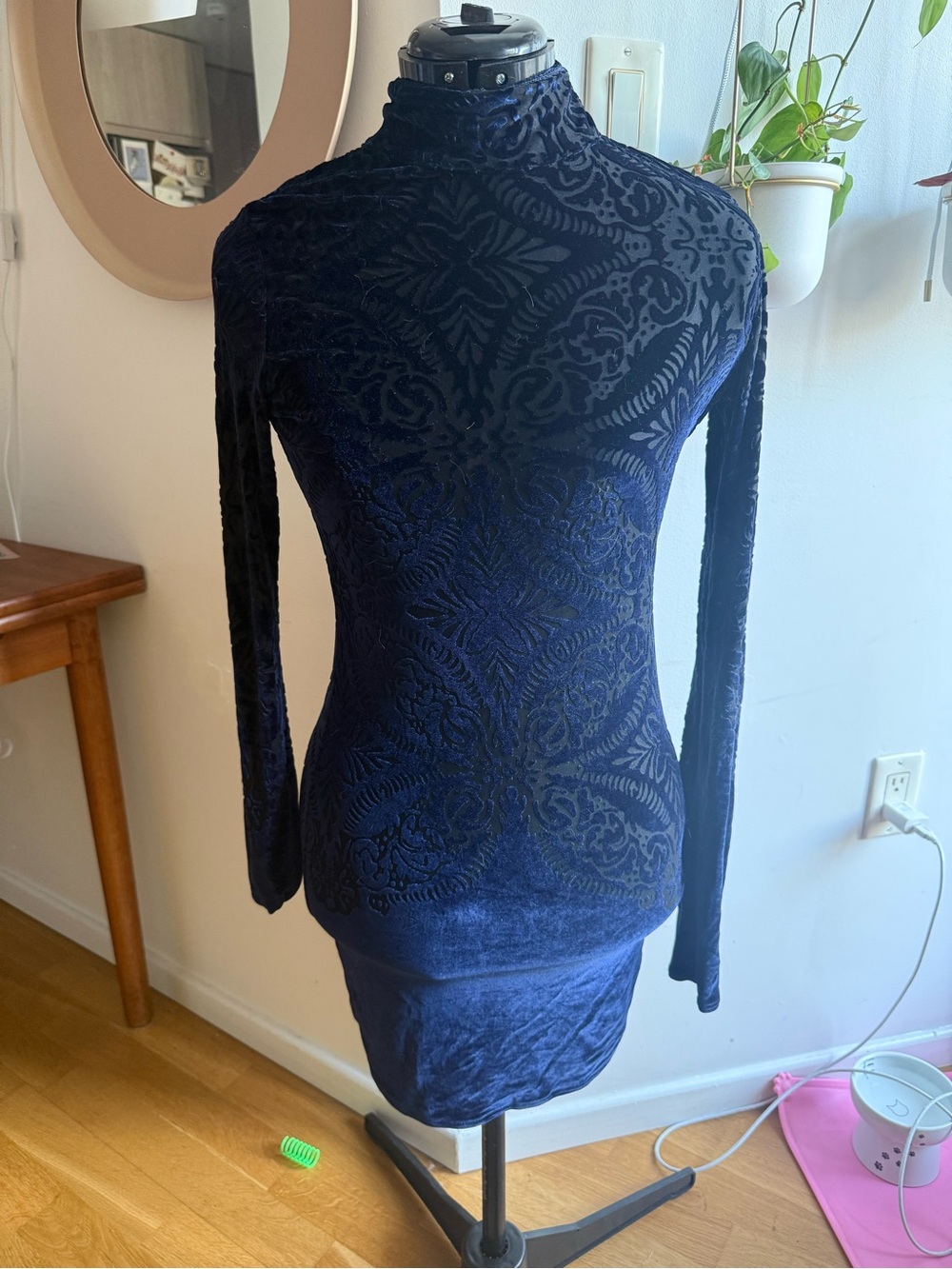 Vintage free people see through Navy Patterned Velvet Long-Sleeve Mini Dress
